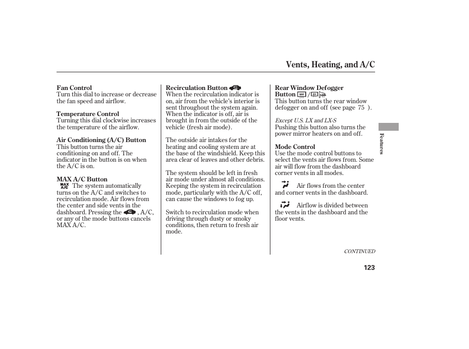 Vents, heating, and a/c | HONDA 00X31-TE0-6000 User Manual | Page 129 / 414