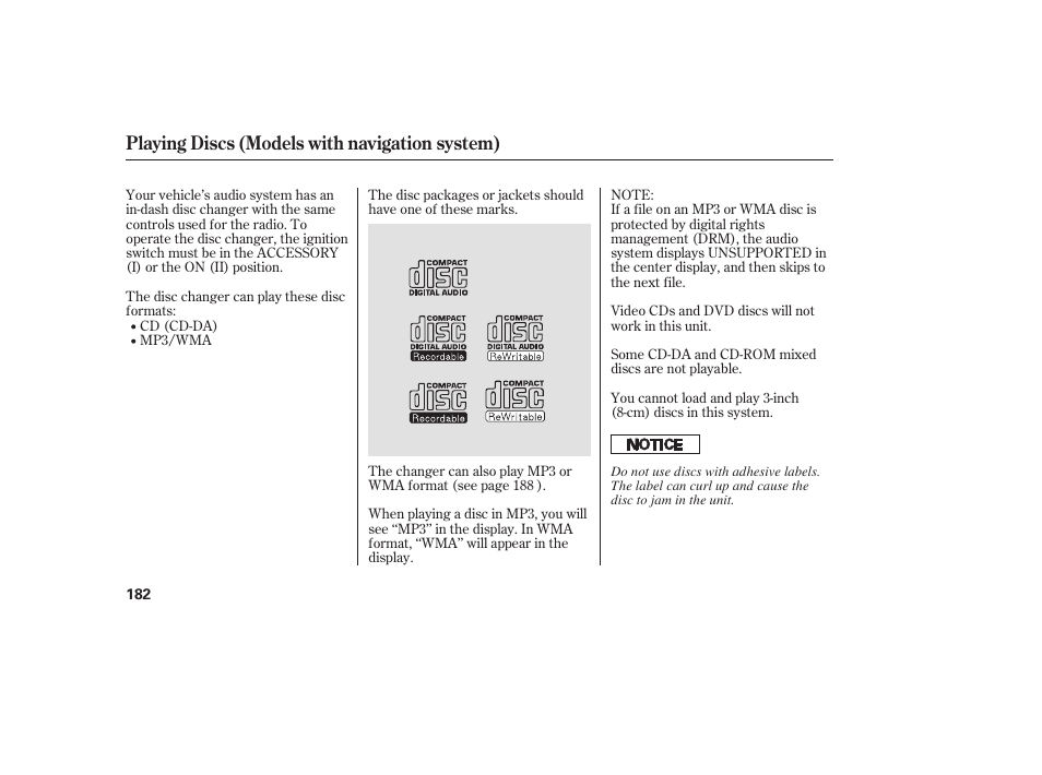 Playing discs (models with navigation system) | HONDA 00X31-TE0-6000 User Manual | Page 188 / 414