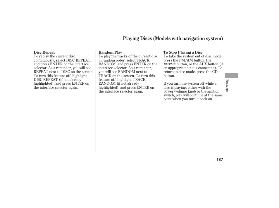 Playing discs (models with navigation system) | HONDA 00X31-TE0-6000 User Manual | Page 193 / 414