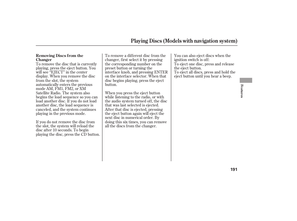 Playing discs (models with navigation system) | HONDA 00X31-TE0-6000 User Manual | Page 197 / 414