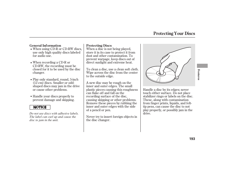 Protecting your discs | HONDA 00X31-TE0-6000 User Manual | Page 199 / 414