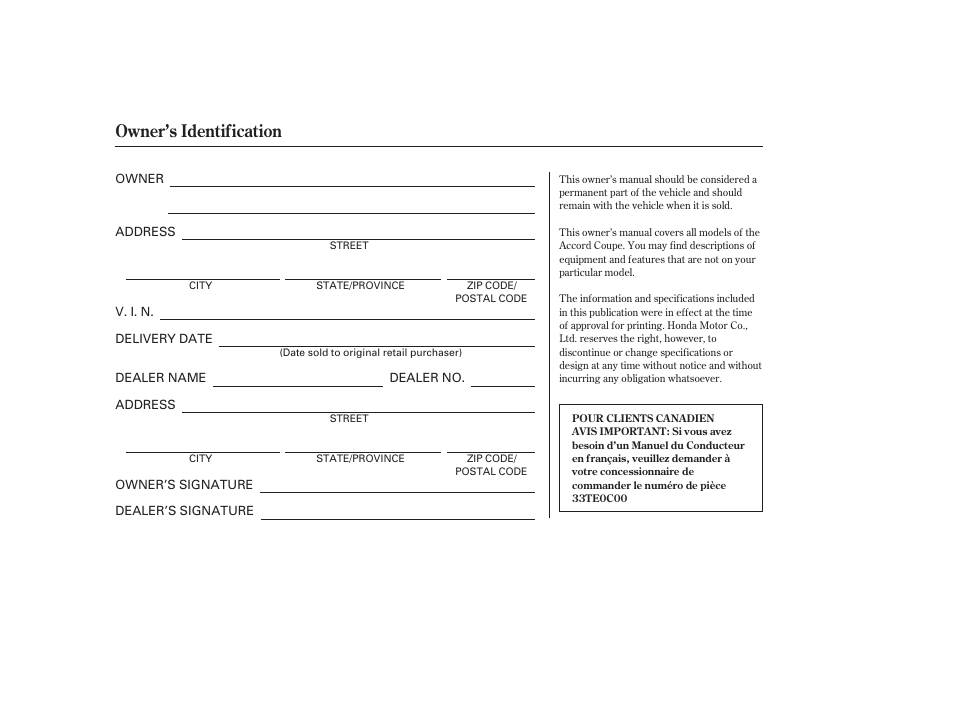 Owner’s identification | HONDA 00X31-TE0-6000 User Manual | Page 2 / 414