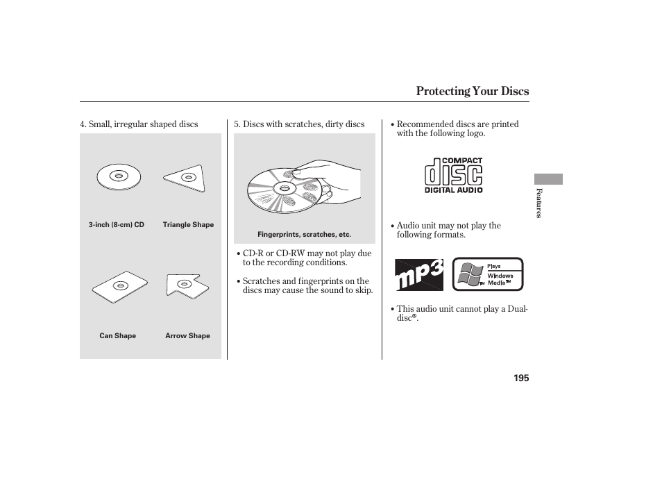 Protecting your discs | HONDA 00X31-TE0-6000 User Manual | Page 201 / 414