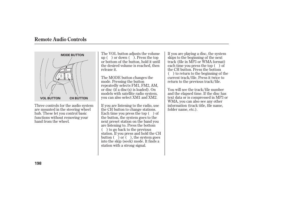 Remote audio controls | HONDA 00X31-TE0-6000 User Manual | Page 204 / 414