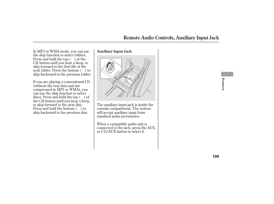 Remote audio controls, auxiliary input jack | HONDA 00X31-TE0-6000 User Manual | Page 205 / 414