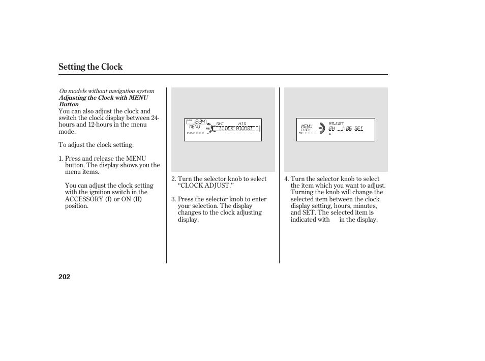 Setting the clock | HONDA 00X31-TE0-6000 User Manual | Page 208 / 414