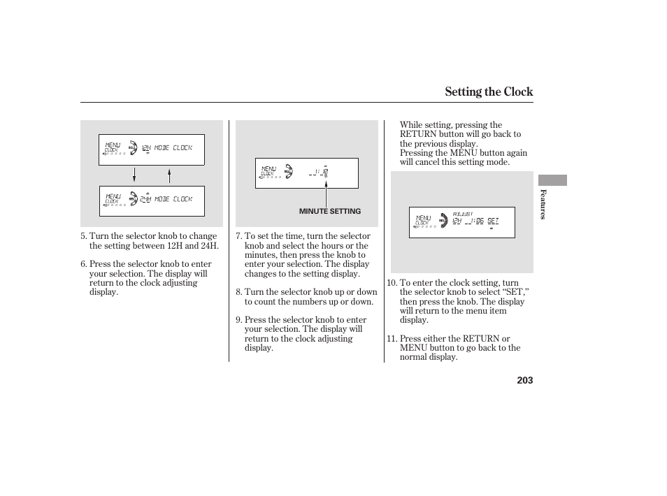 Setting the clock | HONDA 00X31-TE0-6000 User Manual | Page 209 / 414