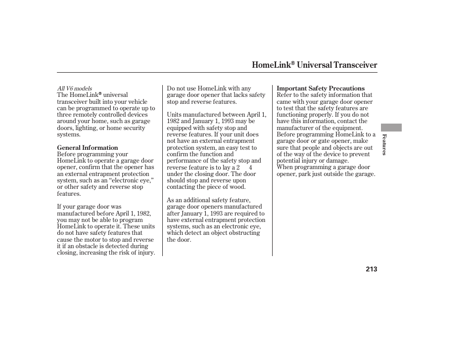 Homelink universal transceiver | HONDA 00X31-TE0-6000 User Manual | Page 219 / 414