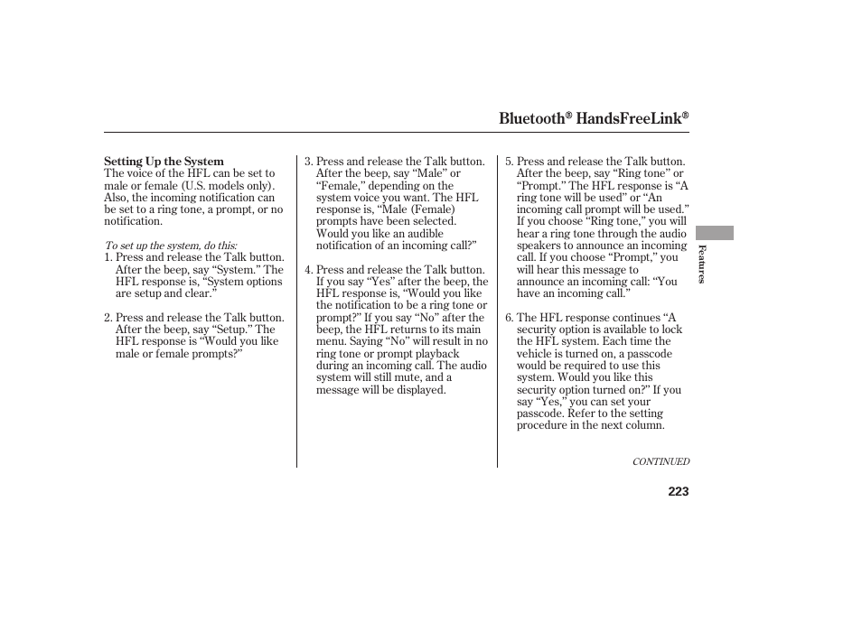 Bluetooth handsfreelink | HONDA 00X31-TE0-6000 User Manual | Page 229 / 414