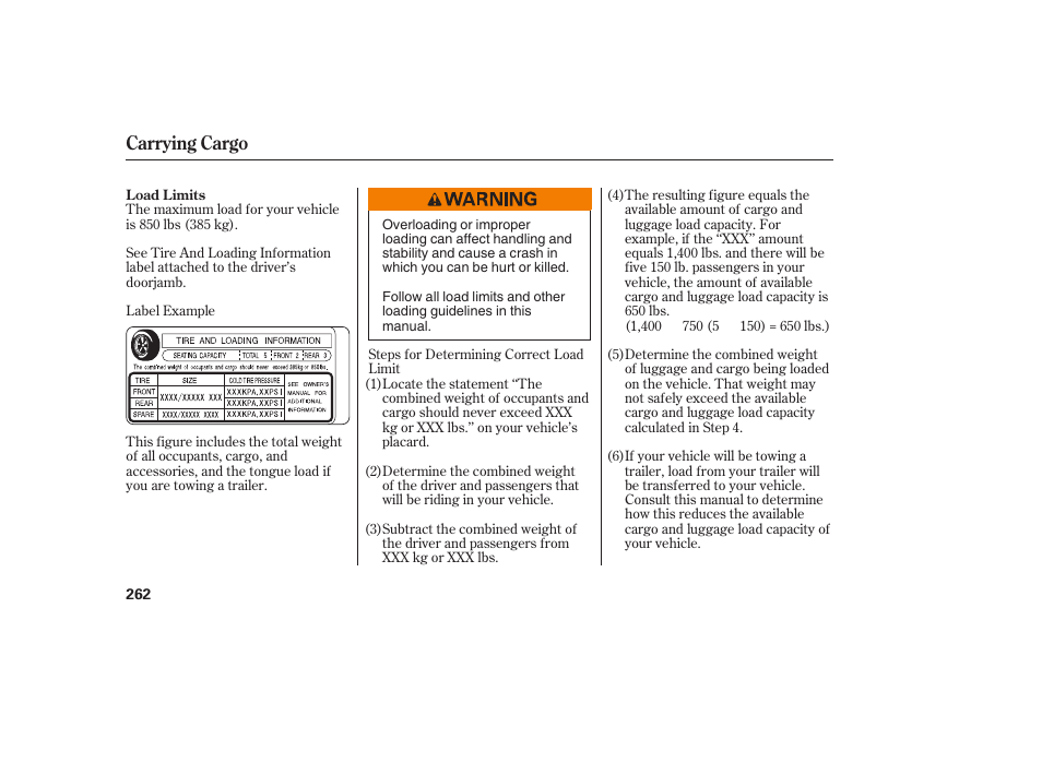 Carrying cargo | HONDA 00X31-TE0-6000 User Manual | Page 268 / 414