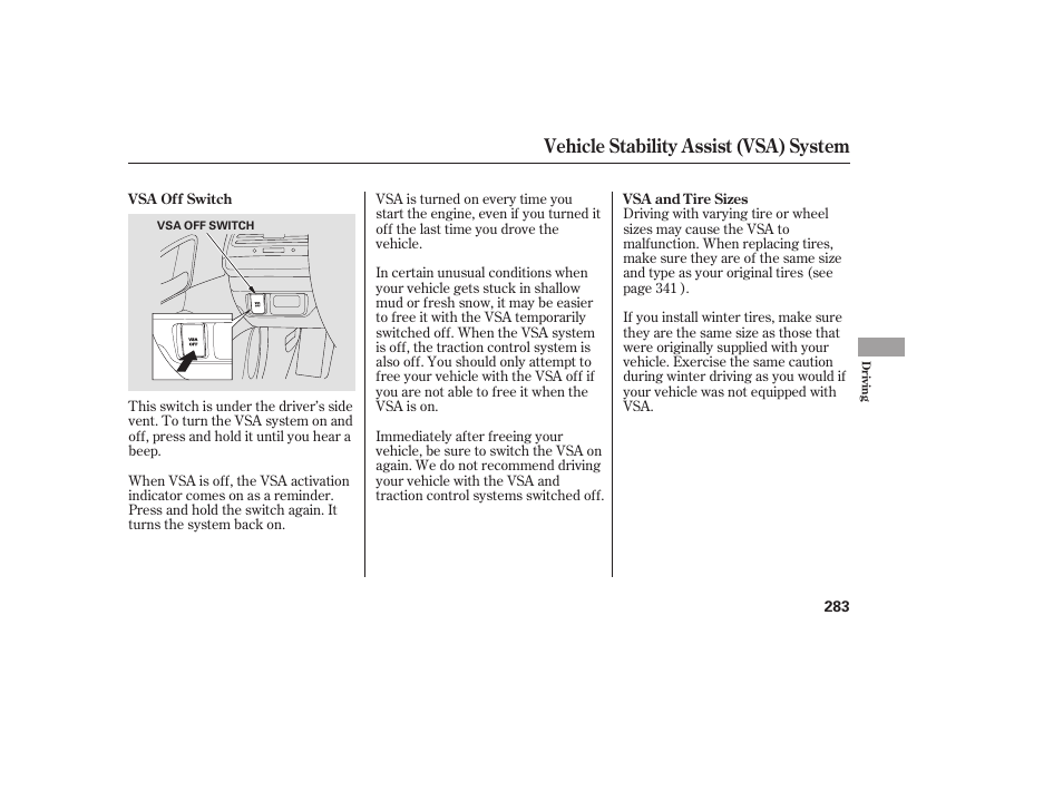 Vehicle stability assist (vsa) system | HONDA 00X31-TE0-6000 User Manual | Page 289 / 414