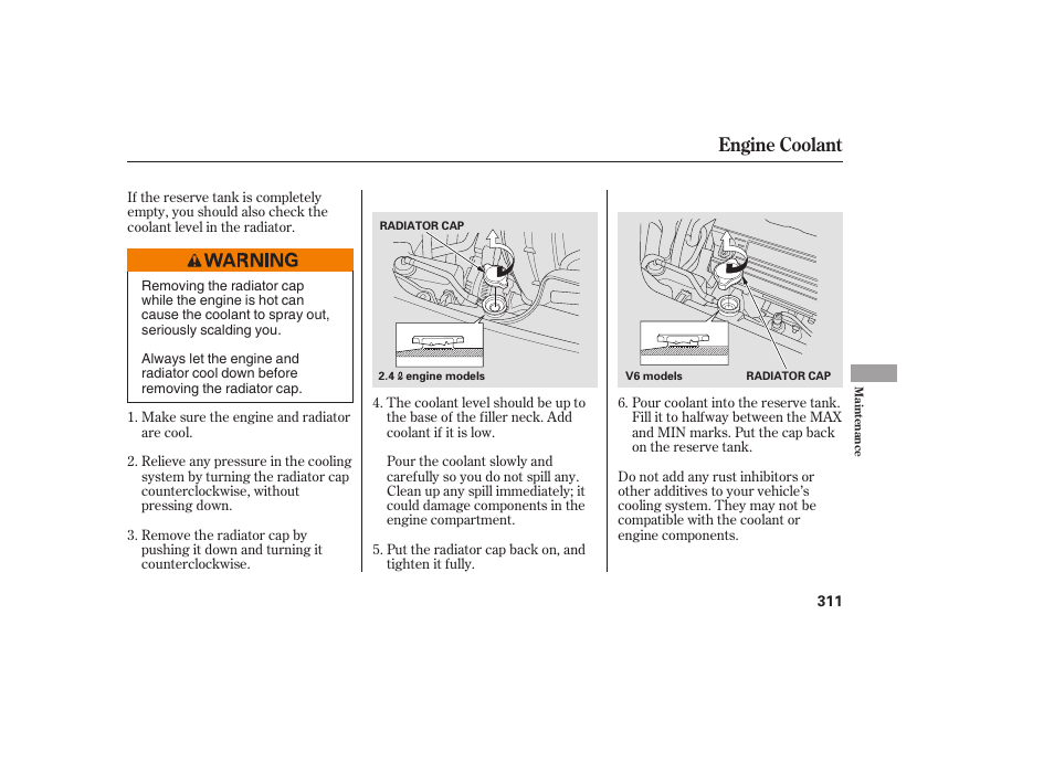 Engine coolant | HONDA 00X31-TE0-6000 User Manual | Page 317 / 414