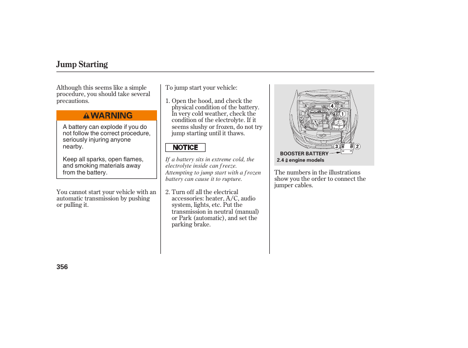 Jump starting | HONDA 00X31-TE0-6000 User Manual | Page 362 / 414