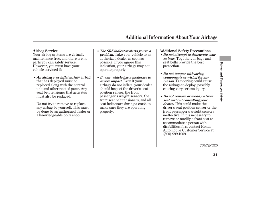 Additional information about your airbags | HONDA 00X31-TE0-6000 User Manual | Page 37 / 414