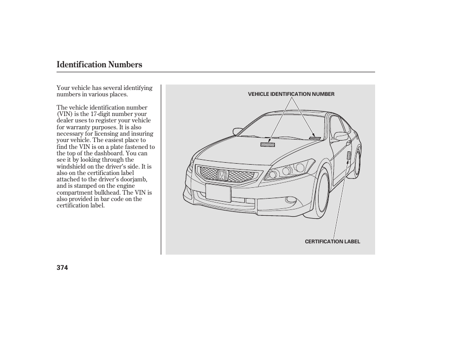 Identification numbers | HONDA 00X31-TE0-6000 User Manual | Page 380 / 414