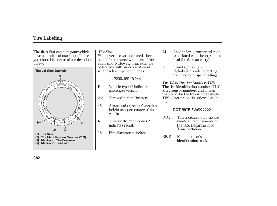 Tire labeling | HONDA 00X31-TE0-6000 User Manual | Page 388 / 414