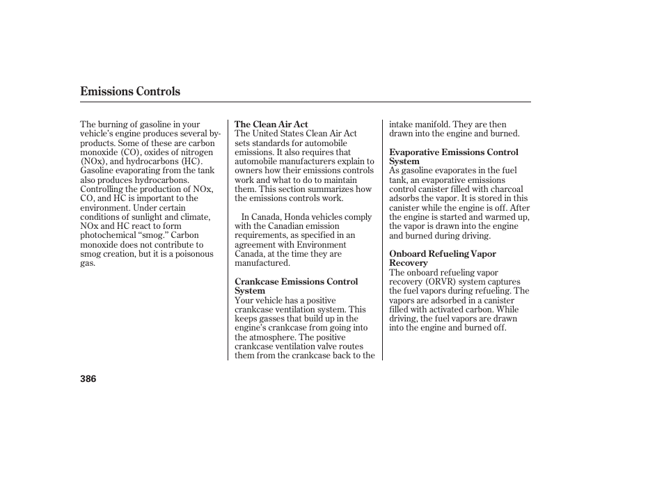 Emissions controls | HONDA 00X31-TE0-6000 User Manual | Page 392 / 414