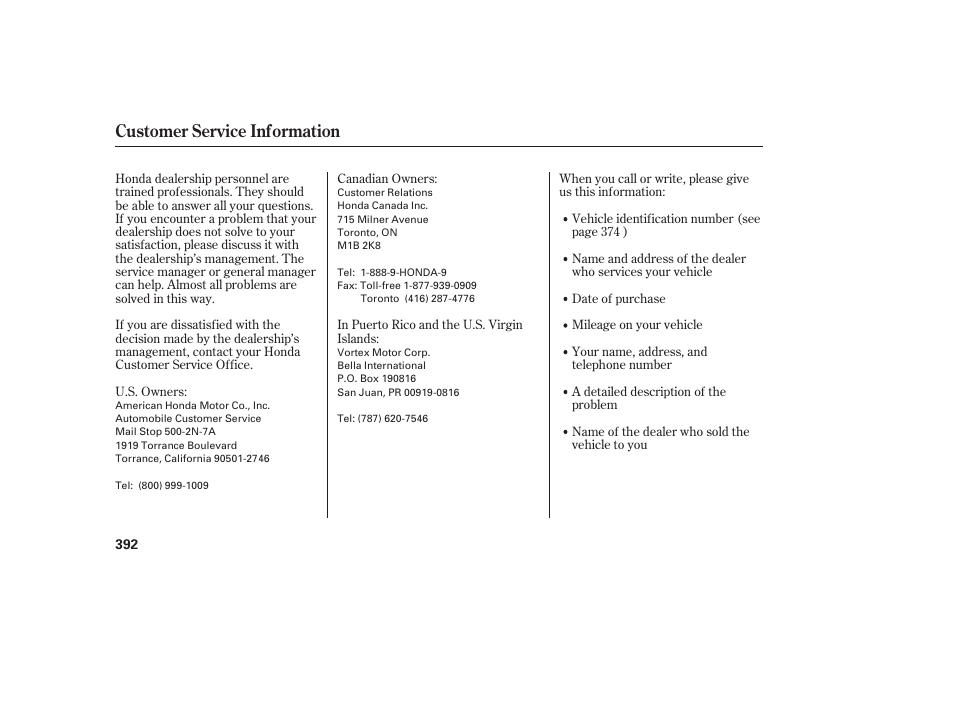 Customer service information | HONDA 00X31-TE0-6000 User Manual | Page 398 / 414