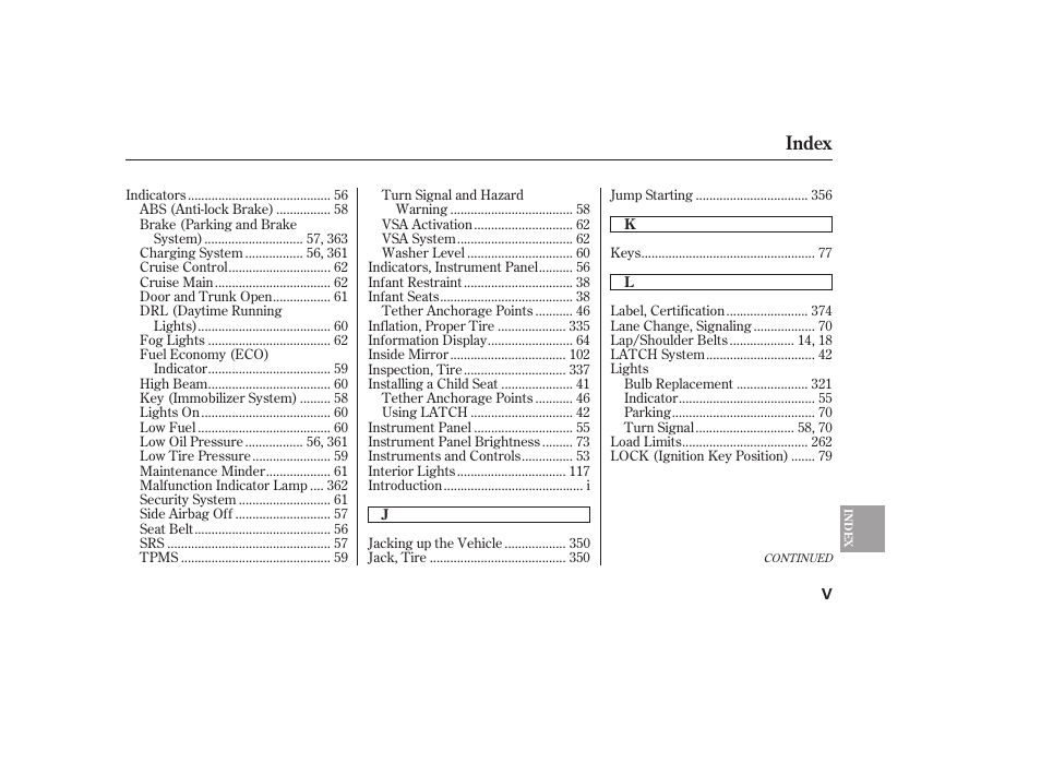 Index | HONDA 00X31-TE0-6000 User Manual | Page 407 / 414