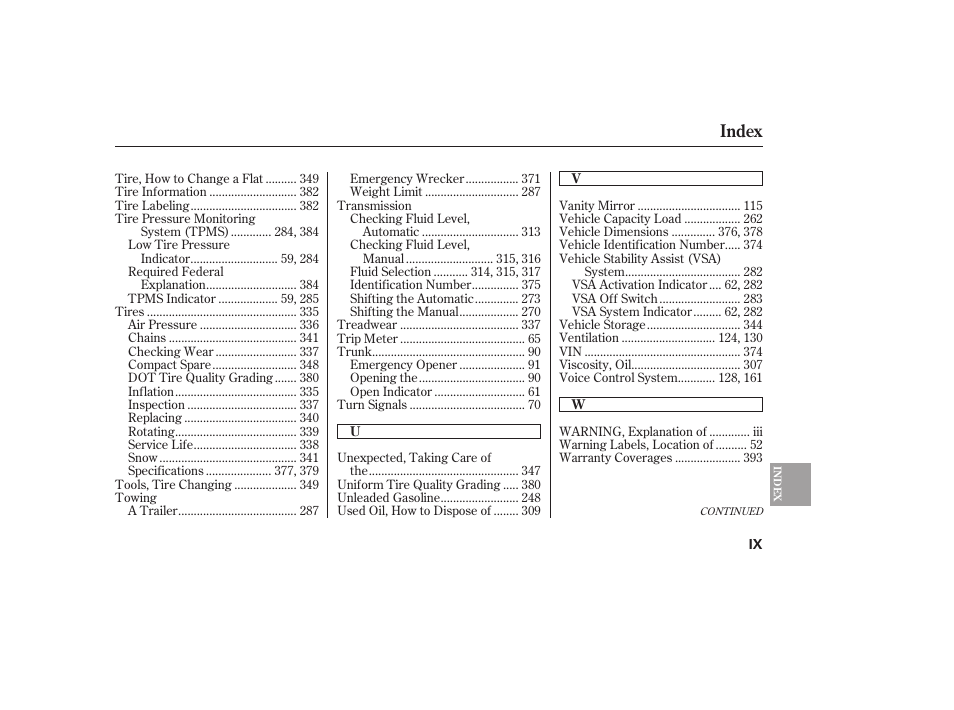 Index | HONDA 00X31-TE0-6000 User Manual | Page 411 / 414