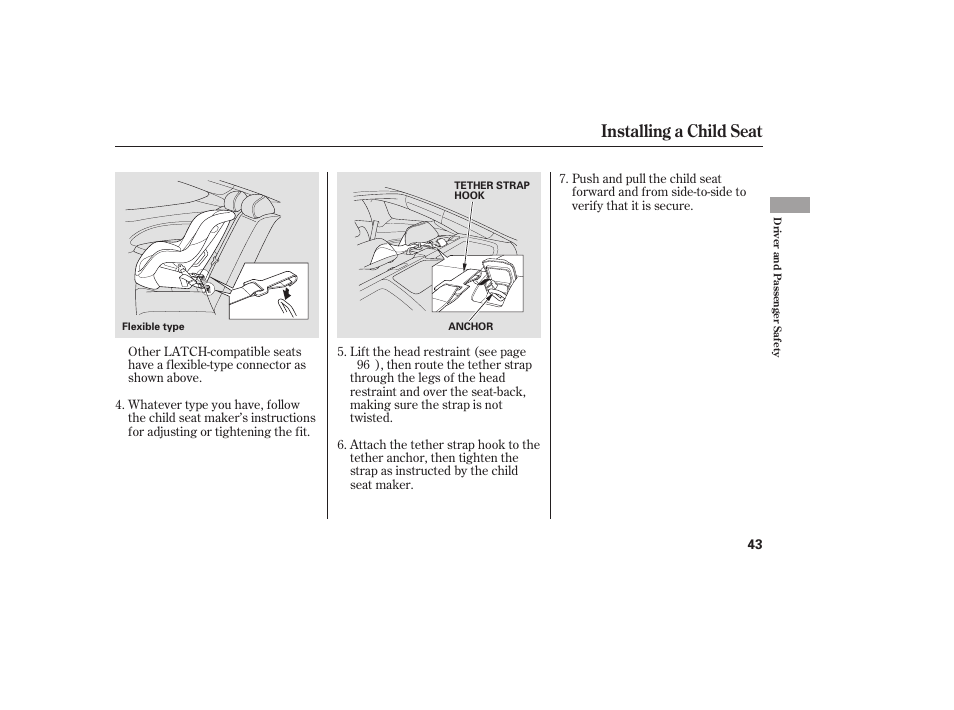 Installing a child seat | HONDA 00X31-TE0-6000 User Manual | Page 49 / 414