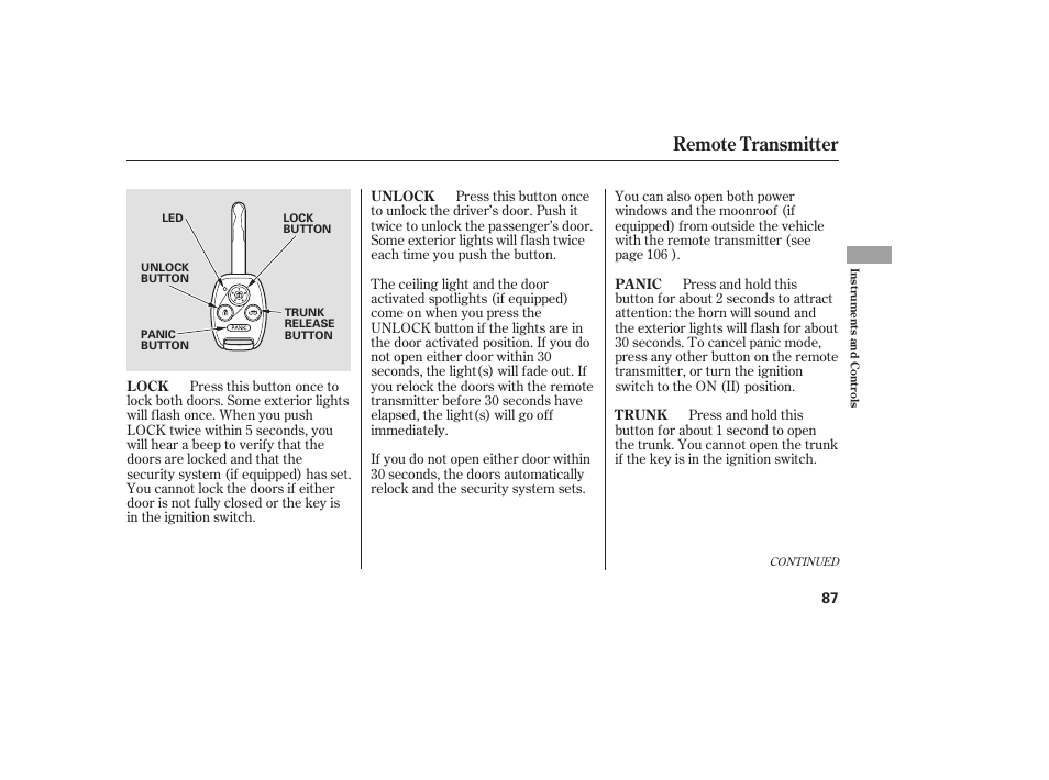 Remote transmitter | HONDA 00X31-TE0-6000 User Manual | Page 93 / 414