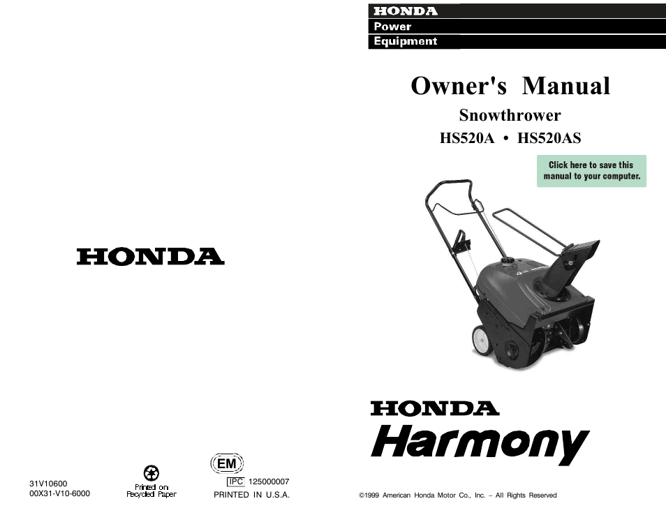 HONDA HS520AS User Manual | 60 pages