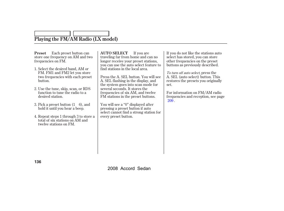 Playing the fm/am radio (lx model) | HONDA 2008 Accord Sedan User Manual | Page 139 / 420