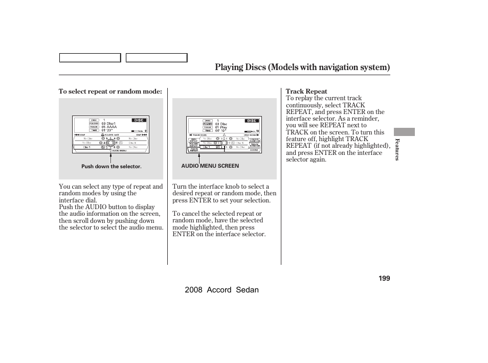 Playing discs (models with navigation system) | HONDA 2008 Accord Sedan User Manual | Page 202 / 420