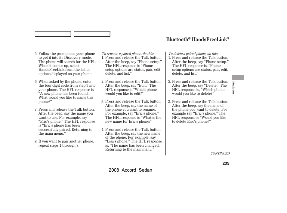 Bluetooth handsfreelink | HONDA 2008 Accord Sedan User Manual | Page 242 / 420