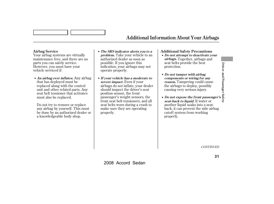 Additional information about your airbags, 2008 accord sedan | HONDA 2008 Accord Sedan User Manual | Page 34 / 420