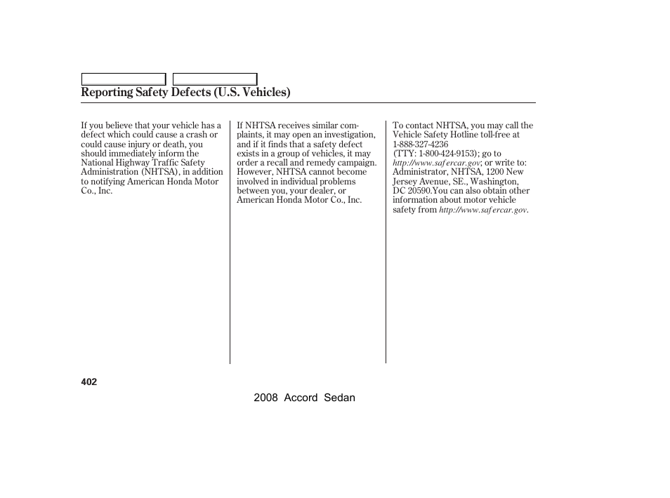 Reporting safety defects (u.s. vehicles) | HONDA 2008 Accord Sedan User Manual | Page 405 / 420