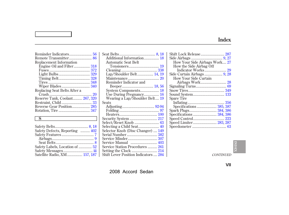 Index | HONDA 2008 Accord Sedan User Manual | Page 414 / 420