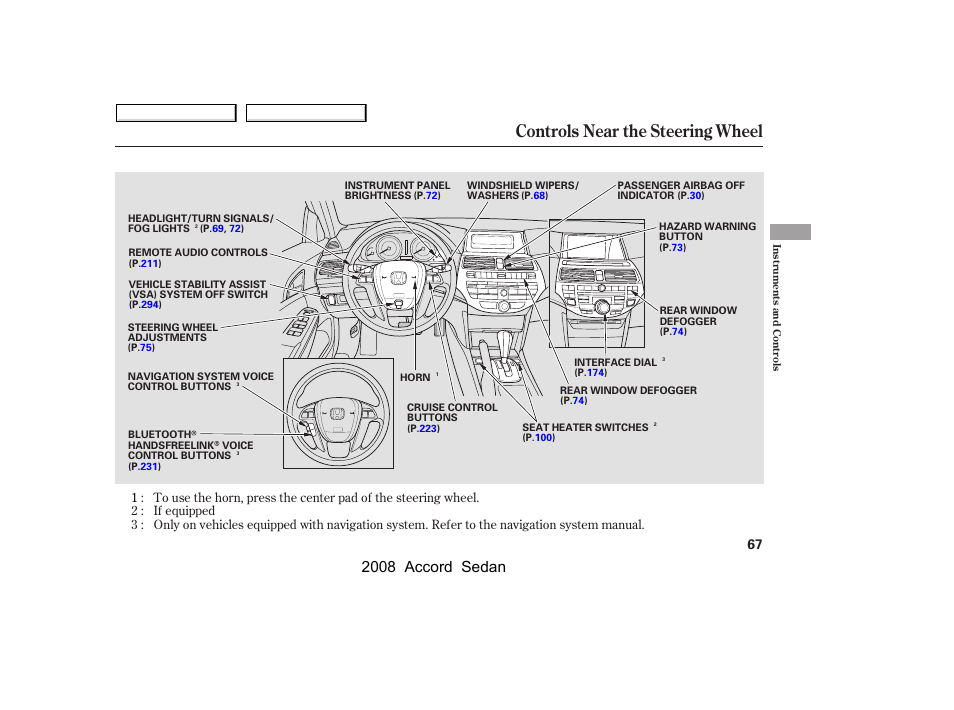 Controls near the steering wheel, 2008 accord sedan | HONDA 2008 Accord Sedan User Manual | Page 70 / 420