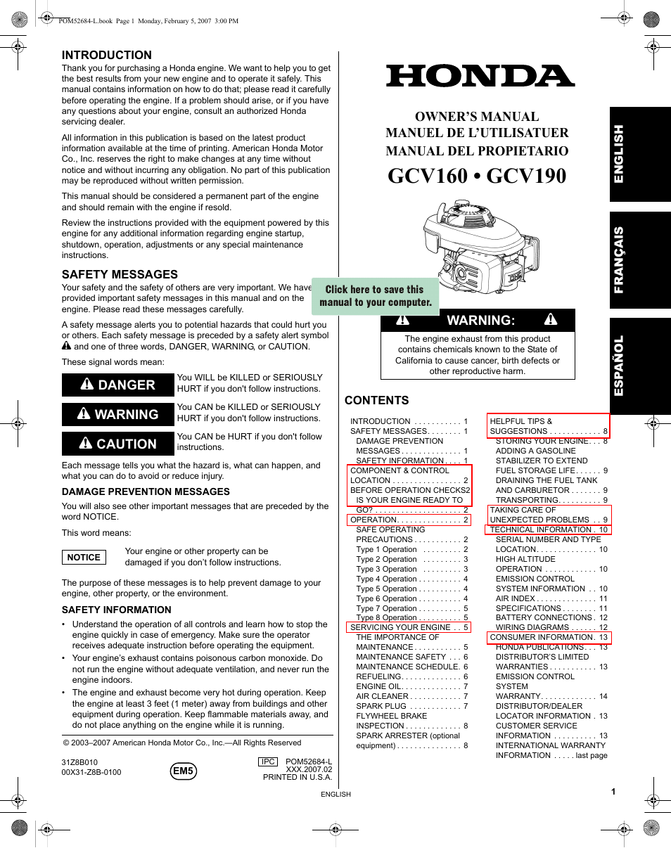 HONDA GCV190 User Manual | 48 pages