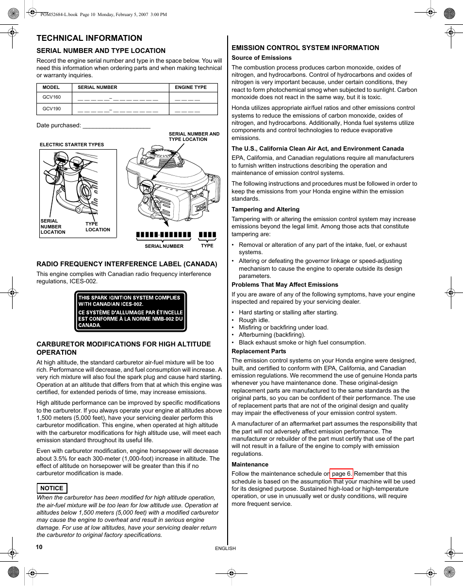 Technical information, Serial number and type location, Radio frequency interference label (canada) | Emission control system information, Technical information . 10 | HONDA GCV190 User Manual | Page 10 / 48