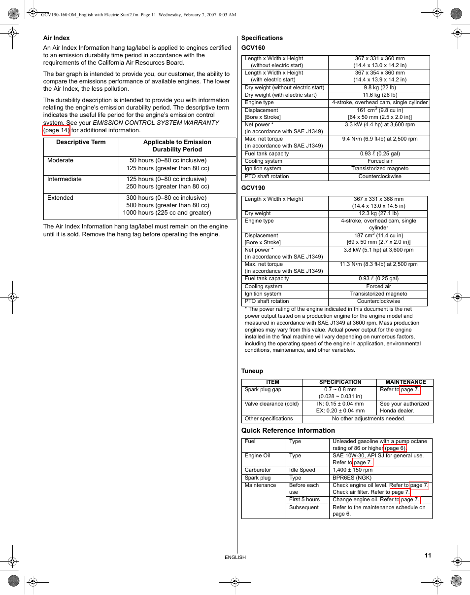 Specifications, Tuneup, Quick reference information | HONDA GCV190 User Manual | Page 11 / 48