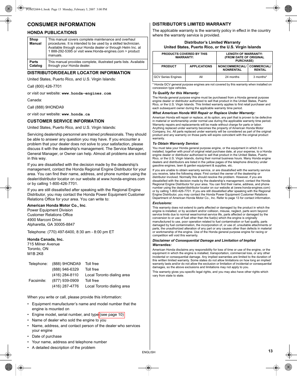 Consumer information, Honda publications, Distributor's limited warranties | Consumer information. 13 | HONDA GCV190 User Manual | Page 13 / 48