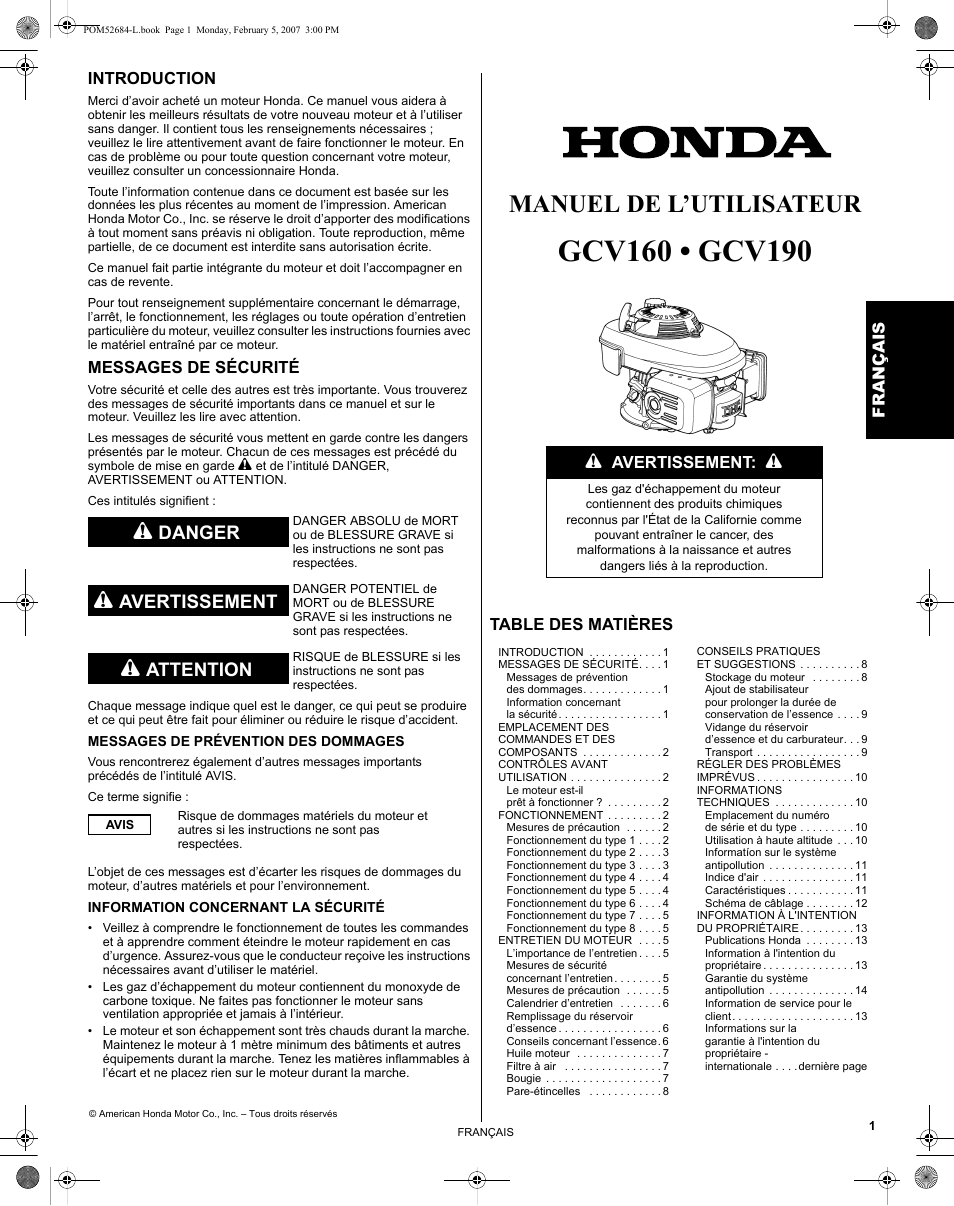 Français, Manuel de l’utilisateur, Danger | Avertissement, Attention | HONDA GCV190 User Manual | Page 17 / 48