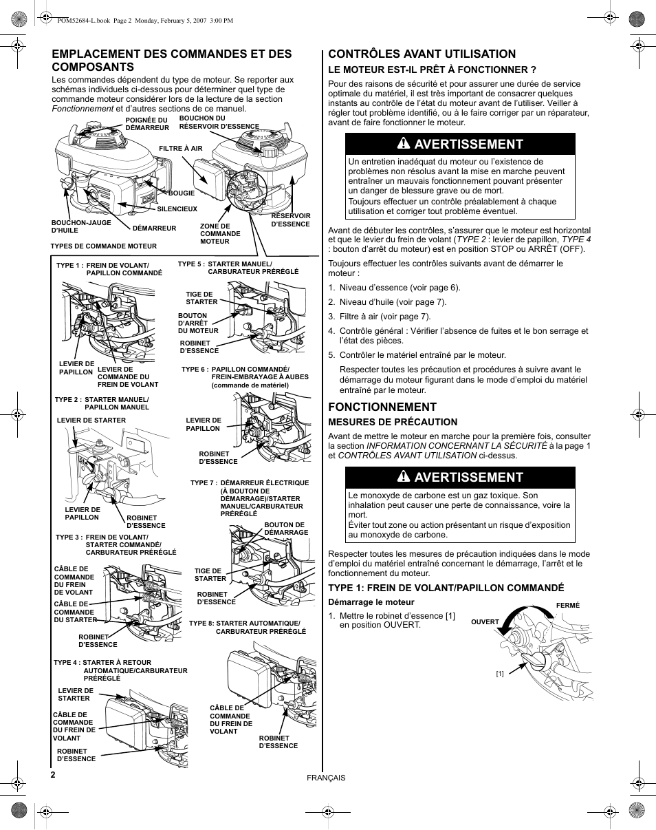 Avertissement, Emplacement des commandes et des composants, Contrôles avant utilisation | Fonctionnement | HONDA GCV190 User Manual | Page 18 / 48