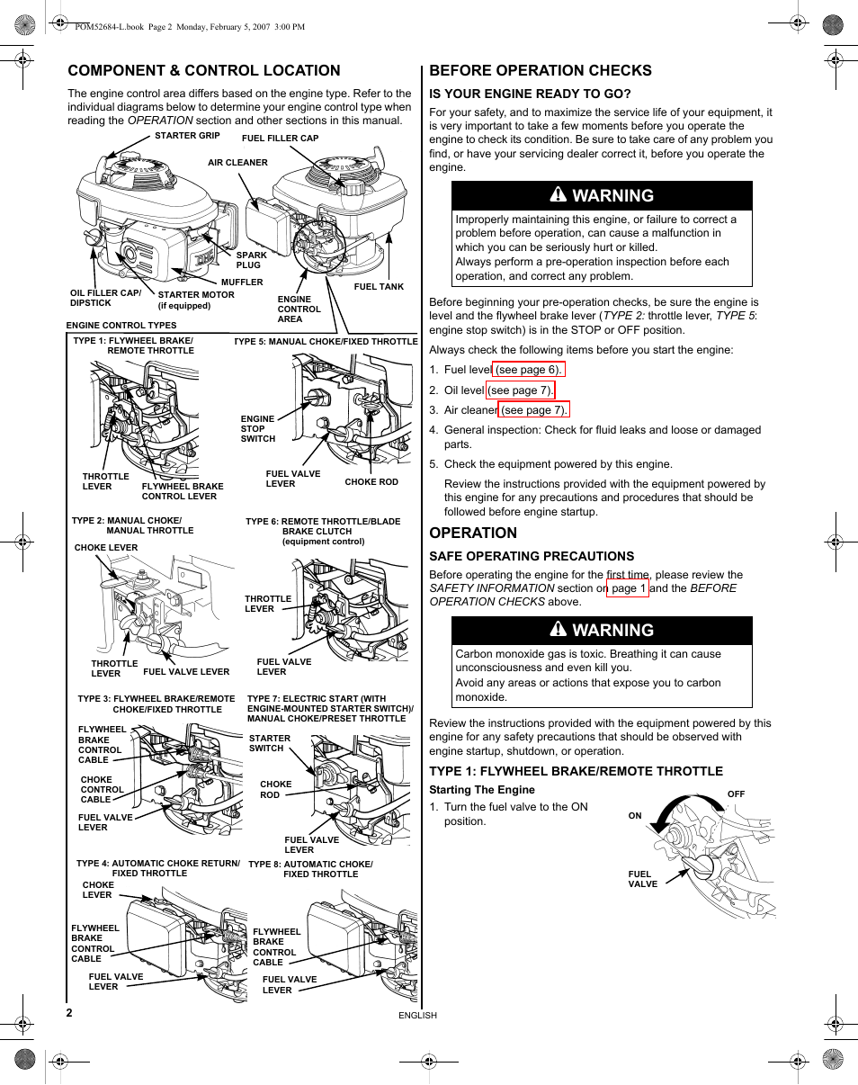 Component & control location, Before operation checks, Is your engine ready to go | Operation, Safe operating precautions, Type 1 (flywheel brake/remote throttle), Is your engine ready to, Warning | HONDA GCV190 User Manual | Page 2 / 48