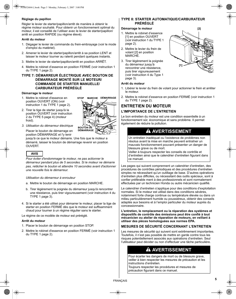 Avertissement, Entretien du moteur | HONDA GCV190 User Manual | Page 21 / 48