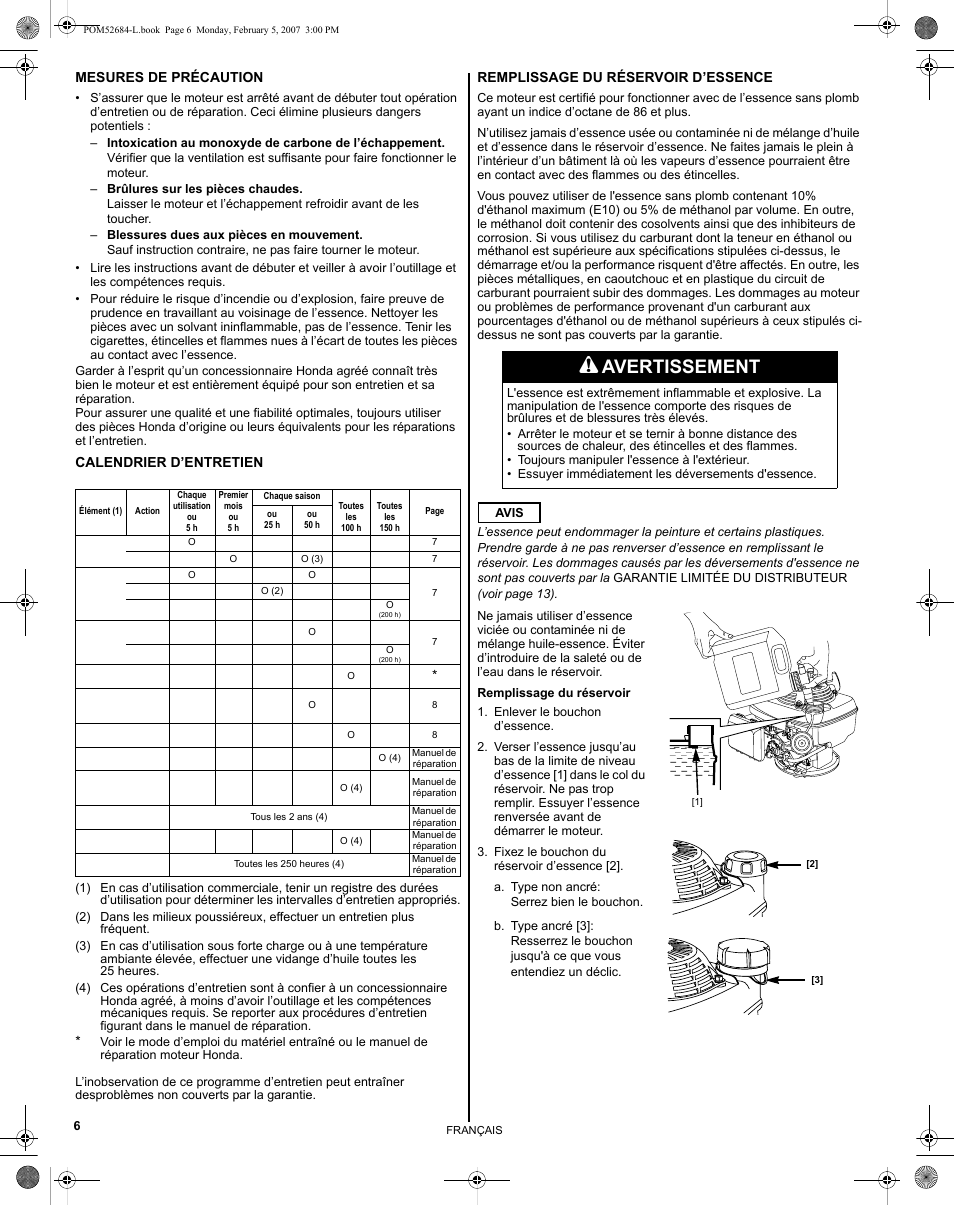 Avertissement | HONDA GCV190 User Manual | Page 22 / 48