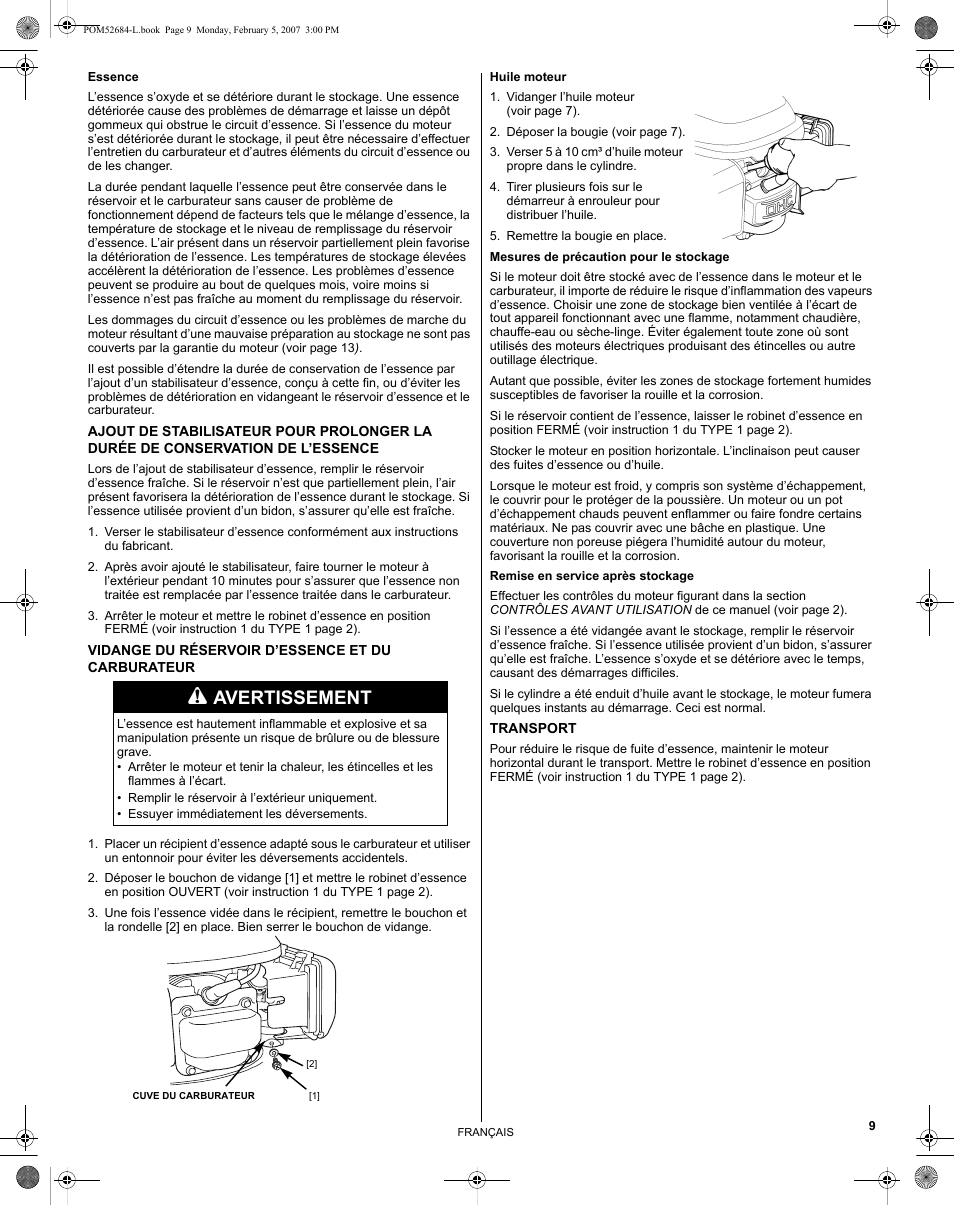 Avertissement | HONDA GCV190 User Manual | Page 25 / 48