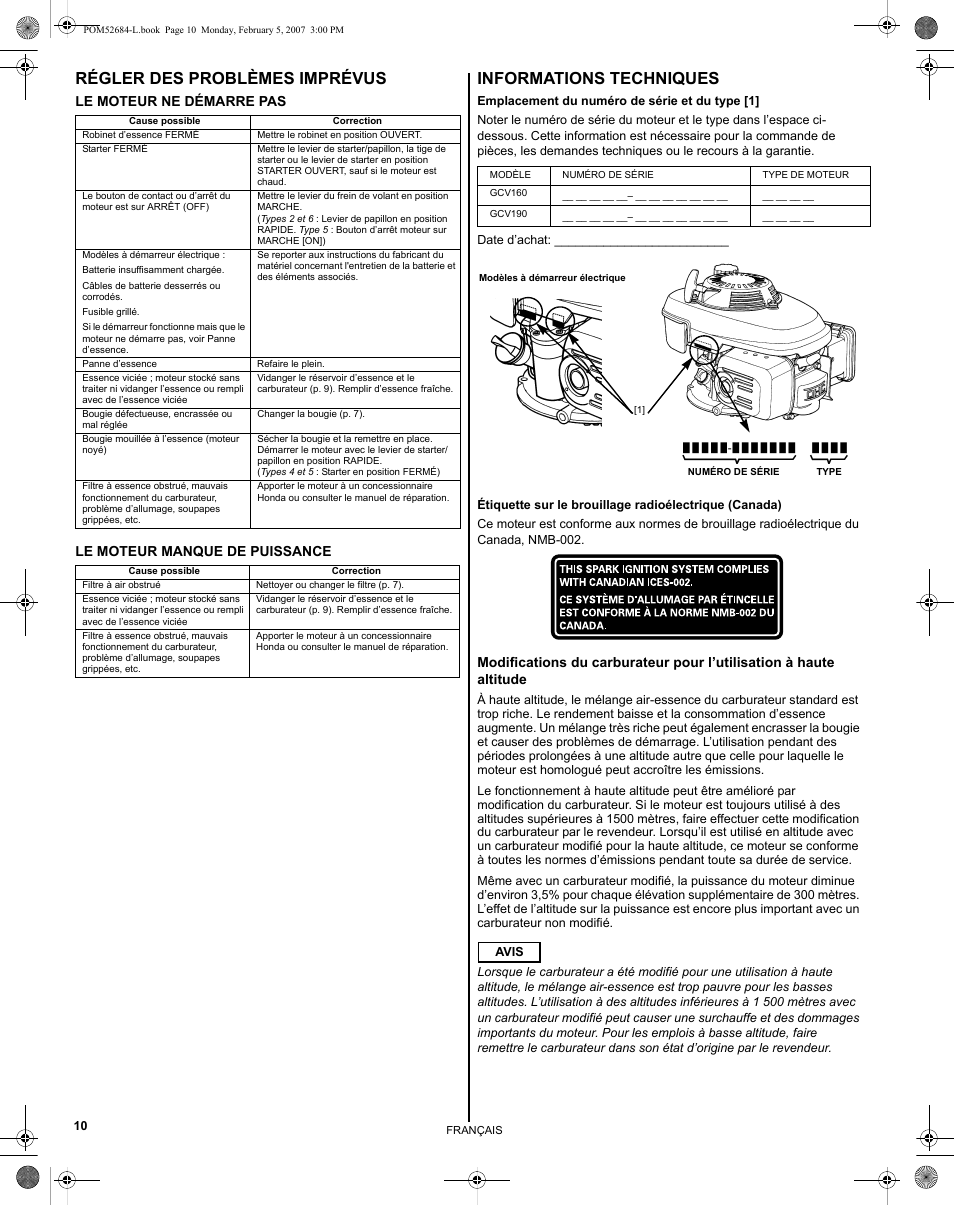 Régler des problèmes imprévus, Informations techniques | HONDA GCV190 User Manual | Page 26 / 48