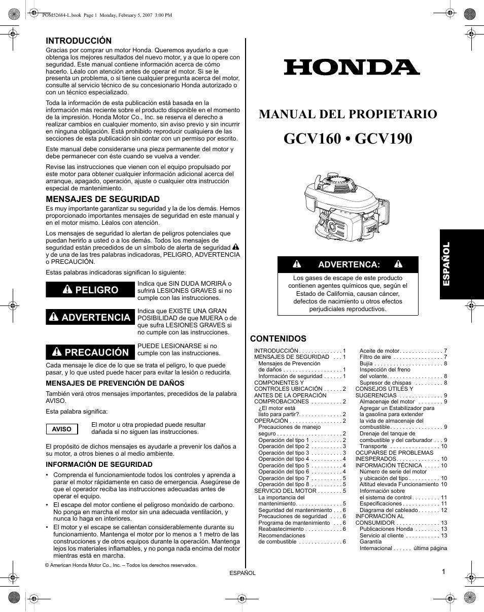 Español, Manual del propietario, Peligro | Advertencia, Precaución | HONDA GCV190 User Manual | Page 33 / 48