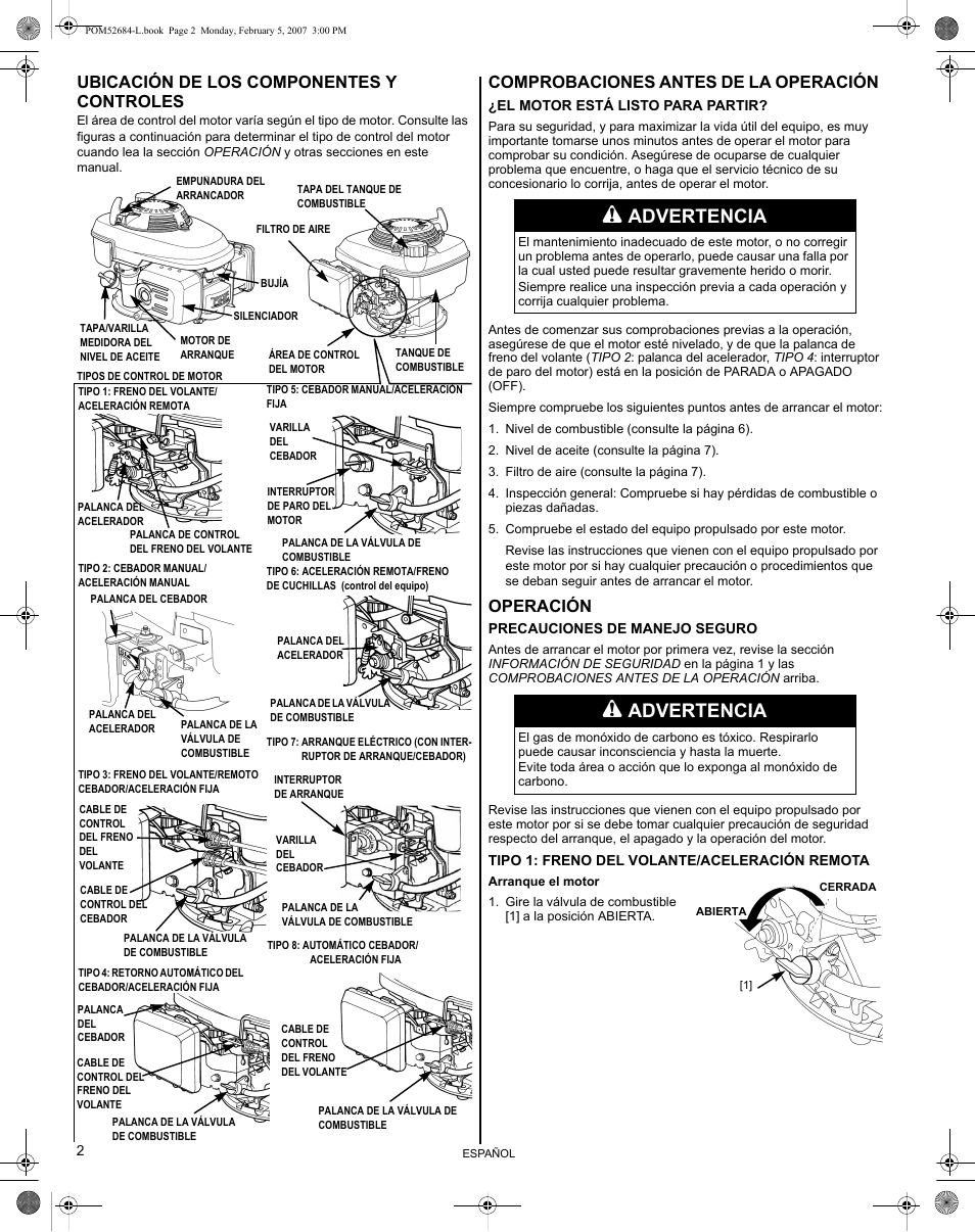 Advertencia, Ubicación de los componentes y controles, Comprobaciones antes de la operación | Operación | HONDA GCV190 User Manual | Page 34 / 48