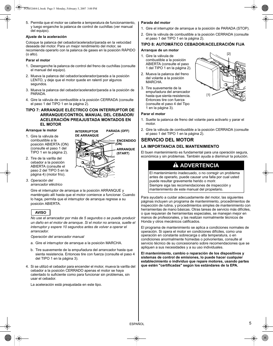 Advertencia, Servicio del motor | HONDA GCV190 User Manual | Page 37 / 48