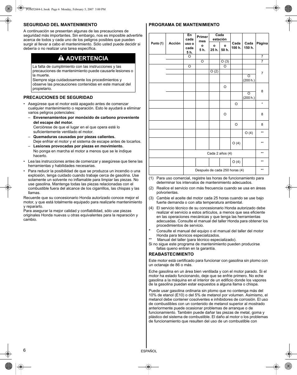 Advertencia | HONDA GCV190 User Manual | Page 38 / 48