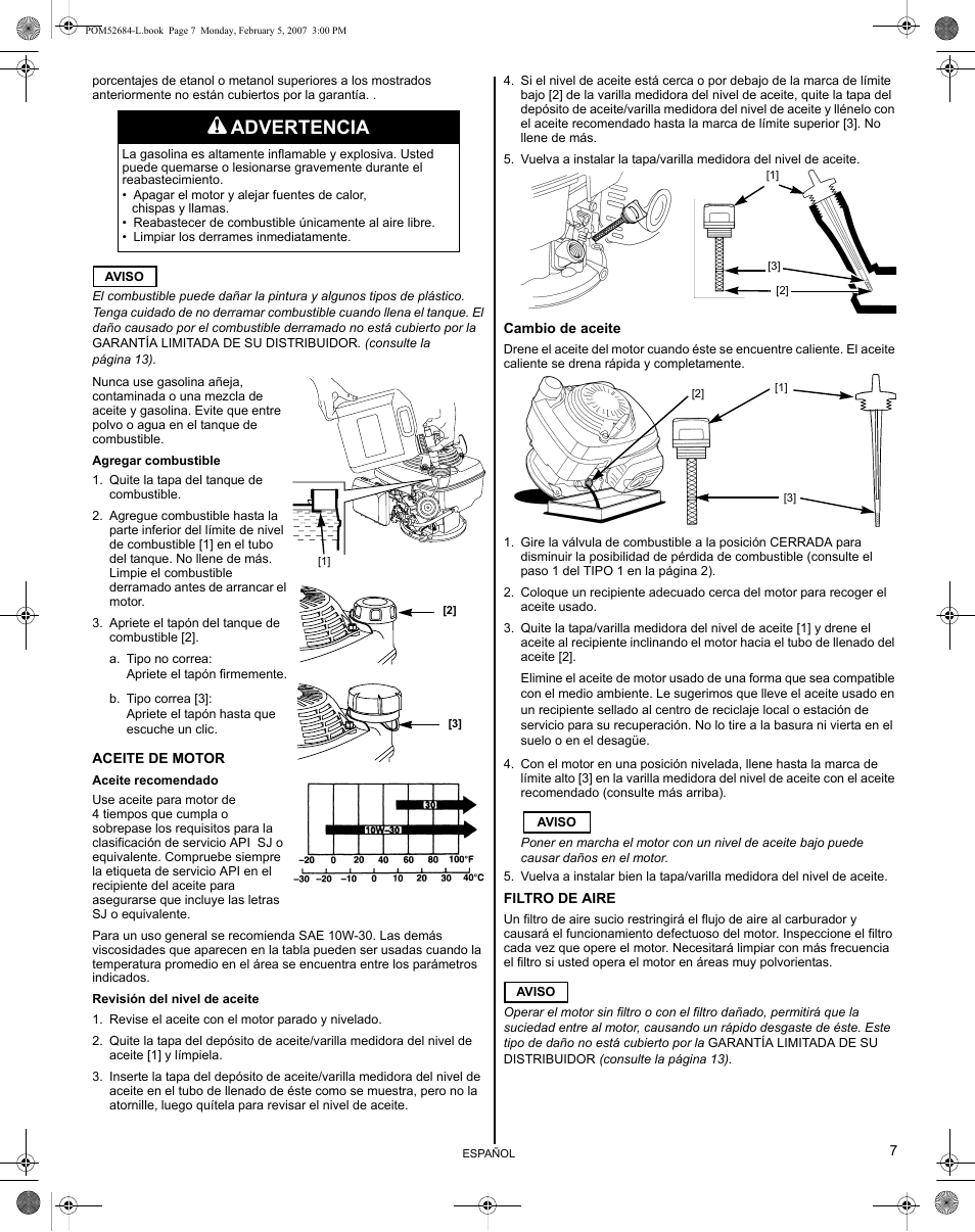 Advertencia | HONDA GCV190 User Manual | Page 39 / 48